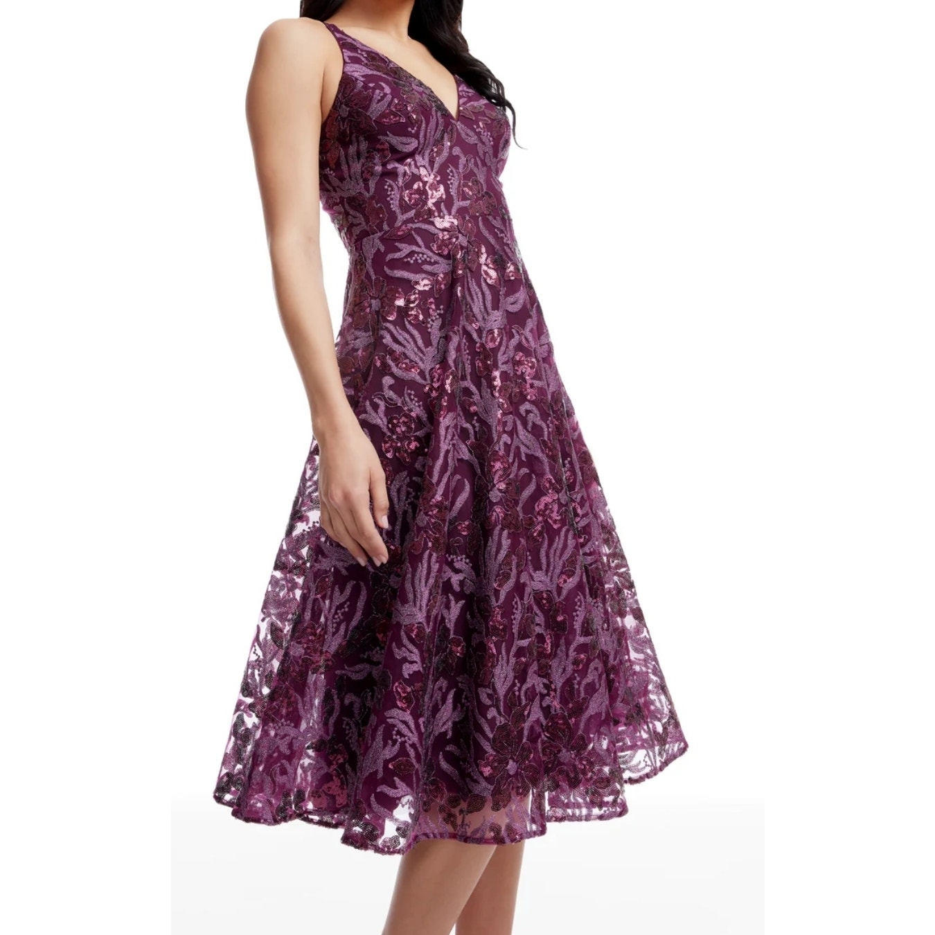 Dress The Population Plum Purple Elisa Sequin Fit & Flare Midi Dress Medium